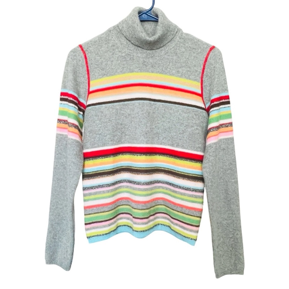 White + Warren 100% Cashmere Turtleneck Stripe Sweater SZ M Gray Preppy Cozy